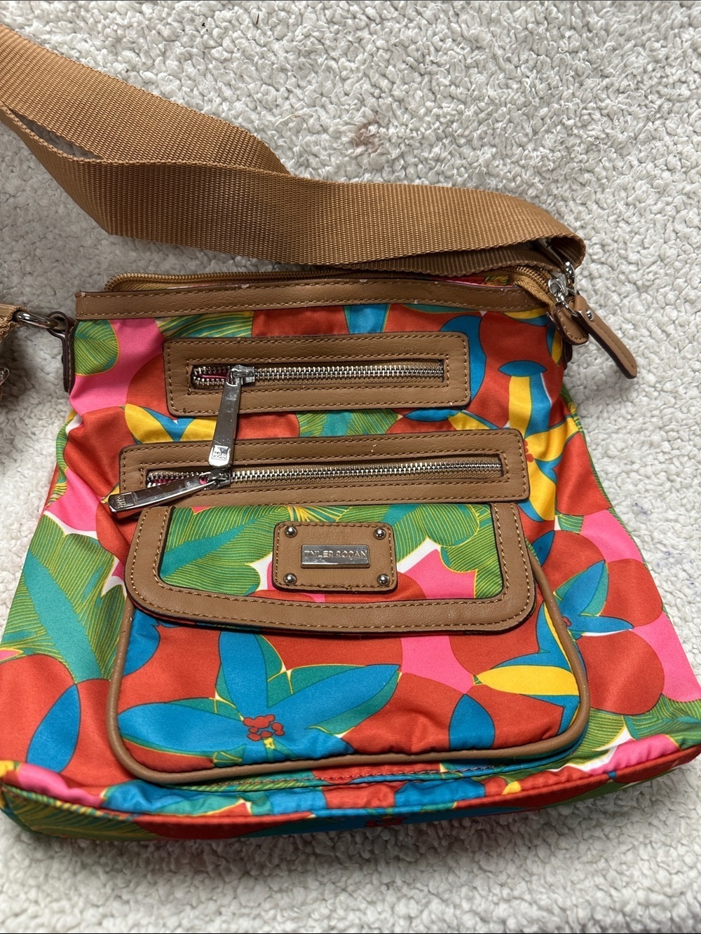 Tyler Rodan Floral Crossbody Bag, Satiny Feeling Cloth, Vegan Leather Trim Boho